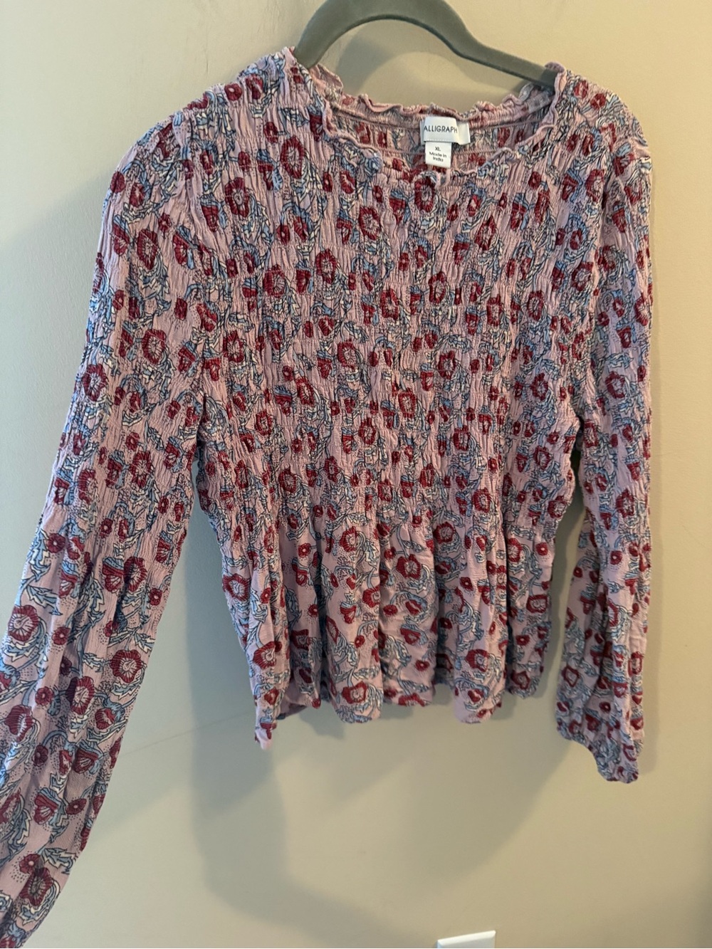 Calligraphie block print smocked long sleeve Blouse Top boho cottage size L XL